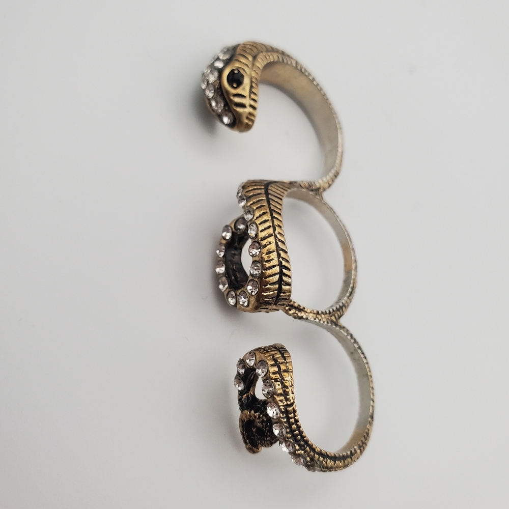 Three Finger Snake Ring w/ Channel Set White Faceted Stones Detailed Rustic